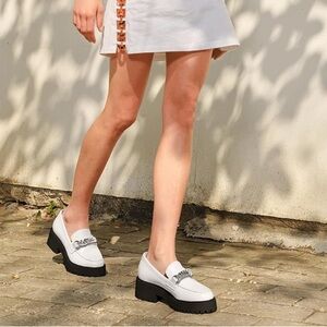 Women's‎ White Loafers with Silver Chain